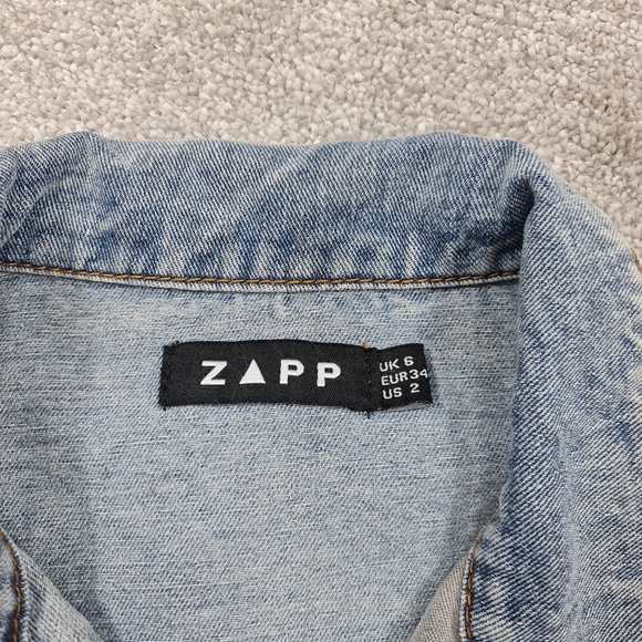 Zapp Oversized UK 6 Colour block Denim Jacket Blue & Black Pleather - Picture 5 of 6